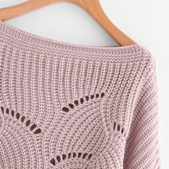 Mauve Dolman Sleeve Eyelet Scallop Sweater - Picture 2 of 8